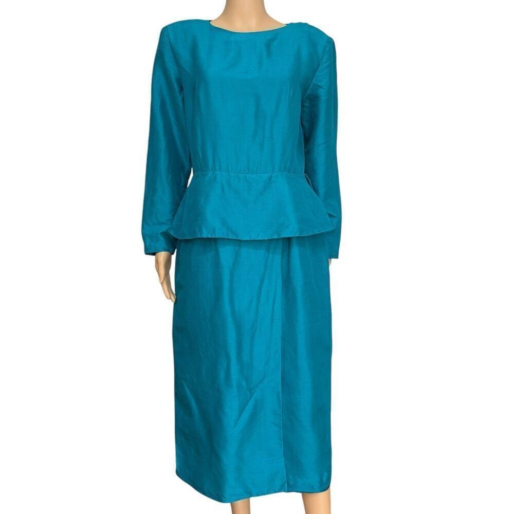 Talbots Sara Campbell vintage 1980s teal 100% Silk Blouson Dress with peplum 10